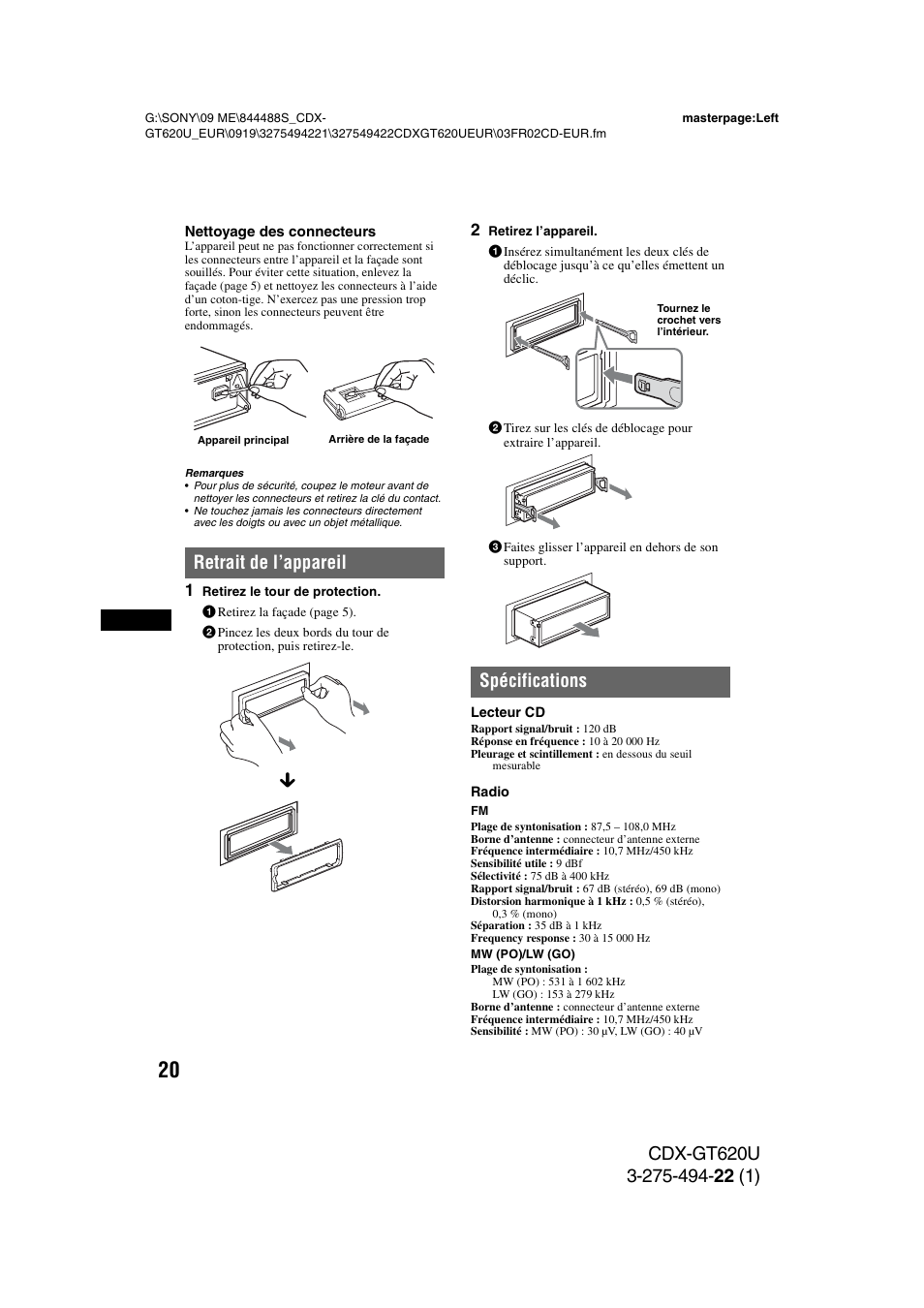 Retrait de l’appareil, Spécifications, Retrait de l’appareil spécifications | Sony CDXGT620U User Manual | Page 66 / 120