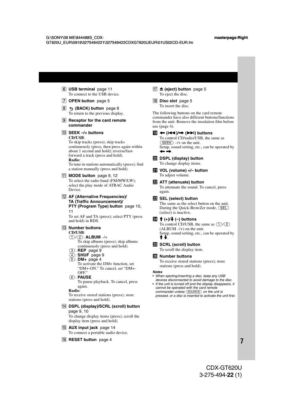 Sony CDXGT620U User Manual | Page 7 / 120