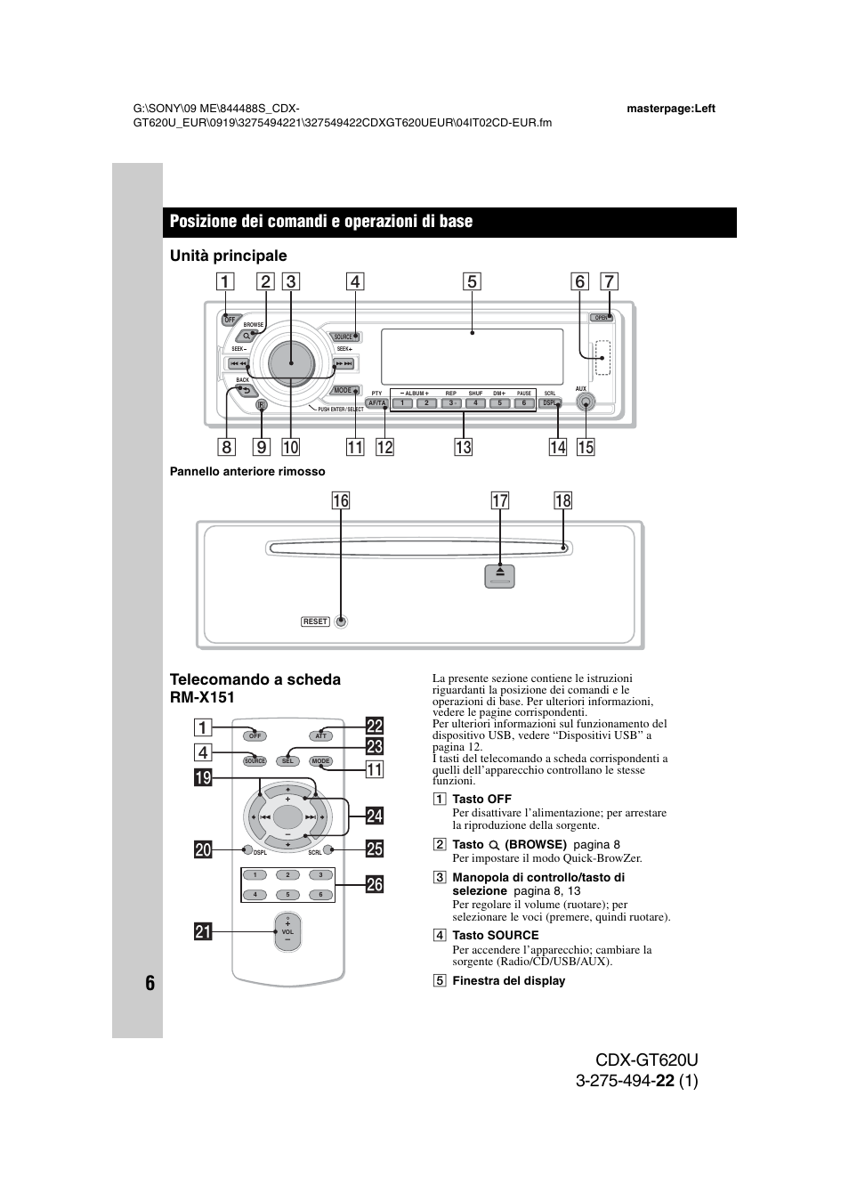 Posizione dei comandi e operazioni di base, Unità principale, Telecomando a scheda rm-x151 | Unità principale telecomando a scheda rm-x151, Qj qk qh, 4wd qa 1 wg ql w; ws wa wh wf | Sony CDXGT620U User Manual | Page 76 / 120