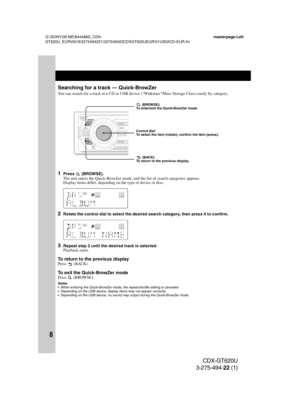 Searching for a track - quick-browzer, Searching for a track — quick-browzer | Sony CDXGT620U User Manual | Page 8 / 120