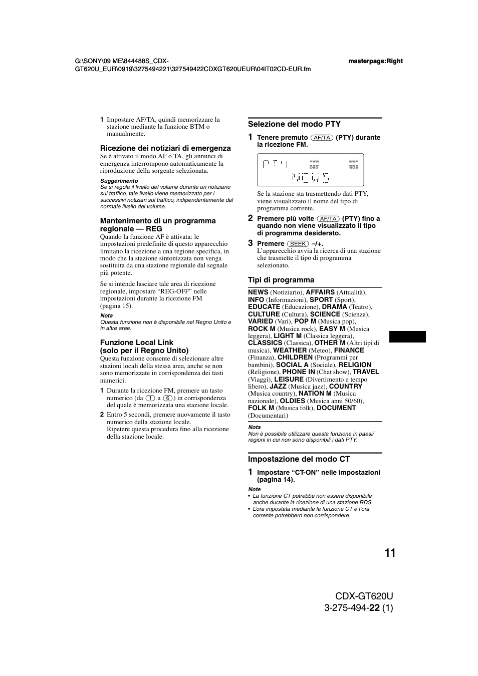 Selezione del modo pty, Impostazione del modo ct, Selezione del modo pty impostazione del modo ct | Sony CDXGT620U User Manual | Page 81 / 120