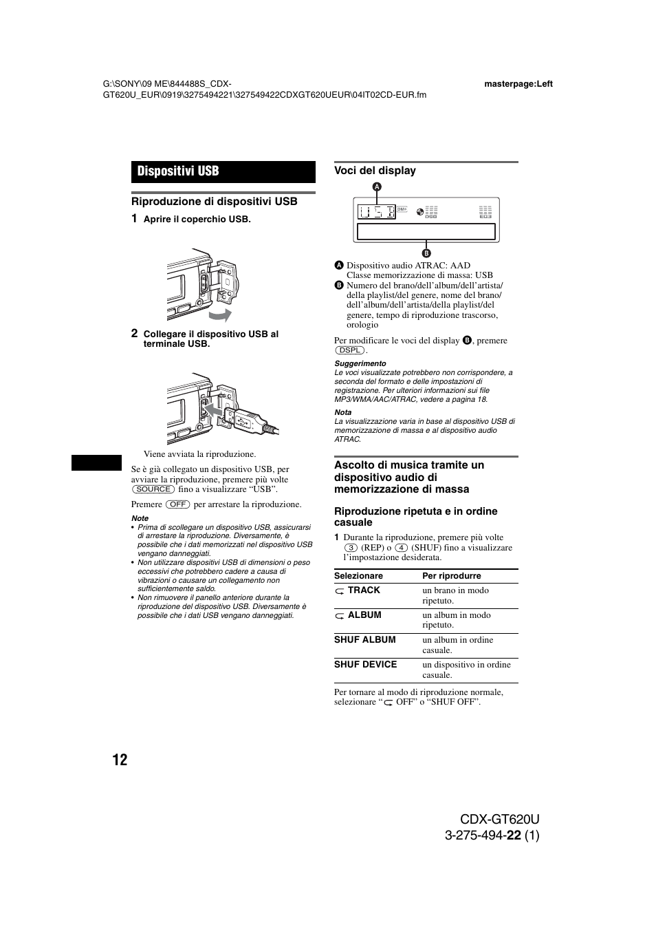 Dispositivi usb, Riproduzione di dispositivi usb, Voci del display | Sony CDXGT620U User Manual | Page 82 / 120