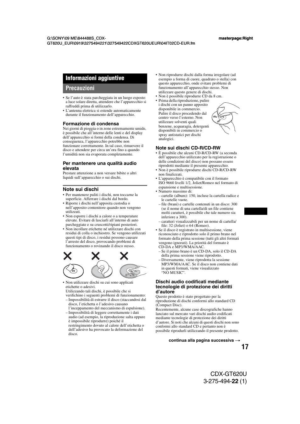 Informazioni aggiuntive, Precauzioni, Note sui dischi | Sony CDXGT620U User Manual | Page 87 / 120