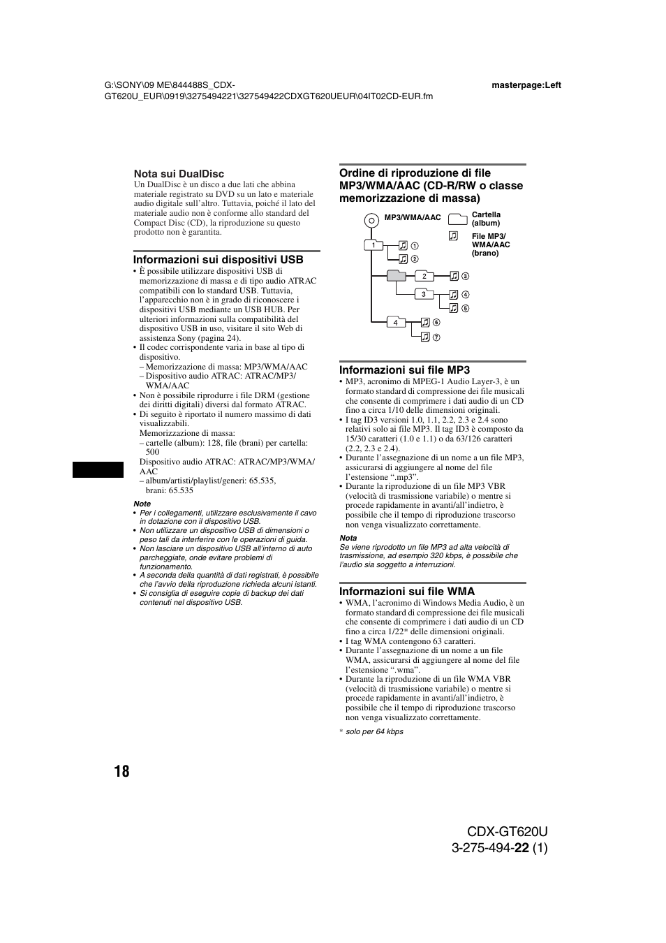 Informazioni sui dispositivi usb, Informazioni sui file mp3, Informazioni sui file wma | Sony CDXGT620U User Manual | Page 88 / 120