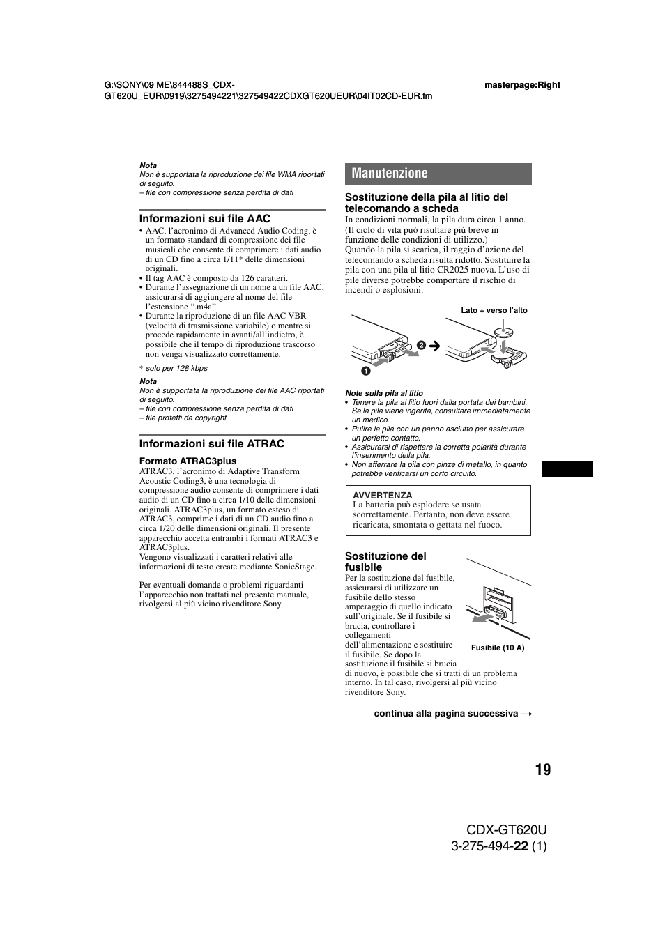 Informazioni sui file aac, Informazioni sui file atrac, Manutenzione | Sony CDXGT620U User Manual | Page 89 / 120