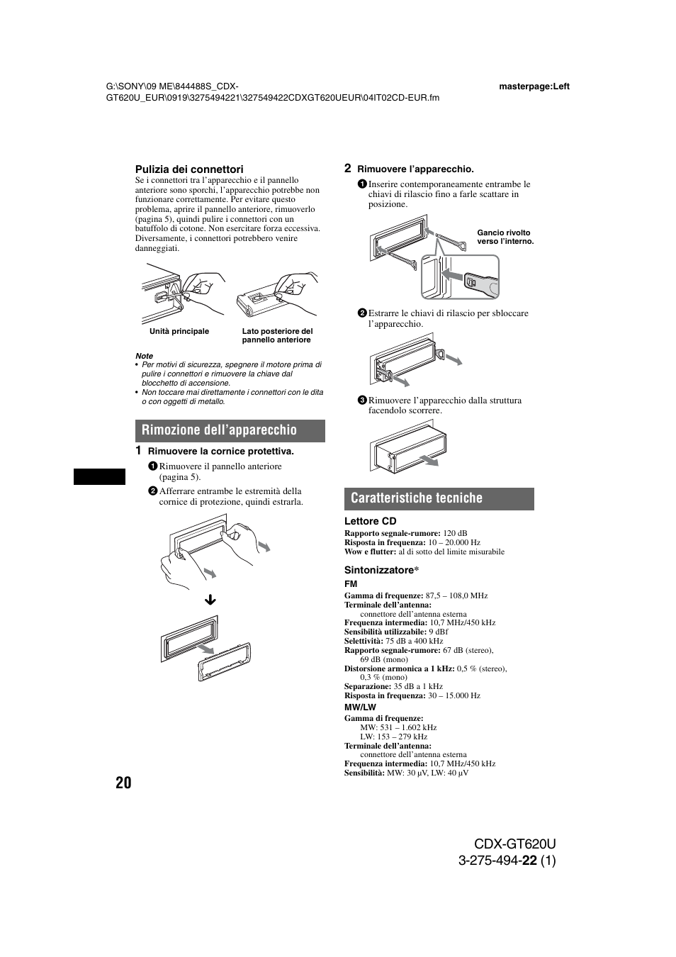 Rimozione dell’apparecchio, Caratteristiche tecniche | Sony CDXGT620U User Manual | Page 90 / 120