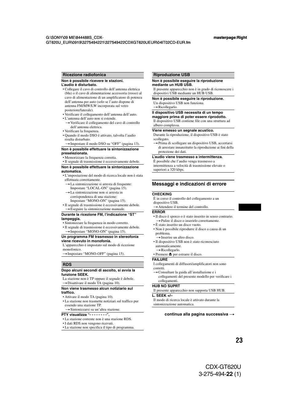 Messaggi e indicazioni di errore | Sony CDXGT620U User Manual | Page 93 / 120