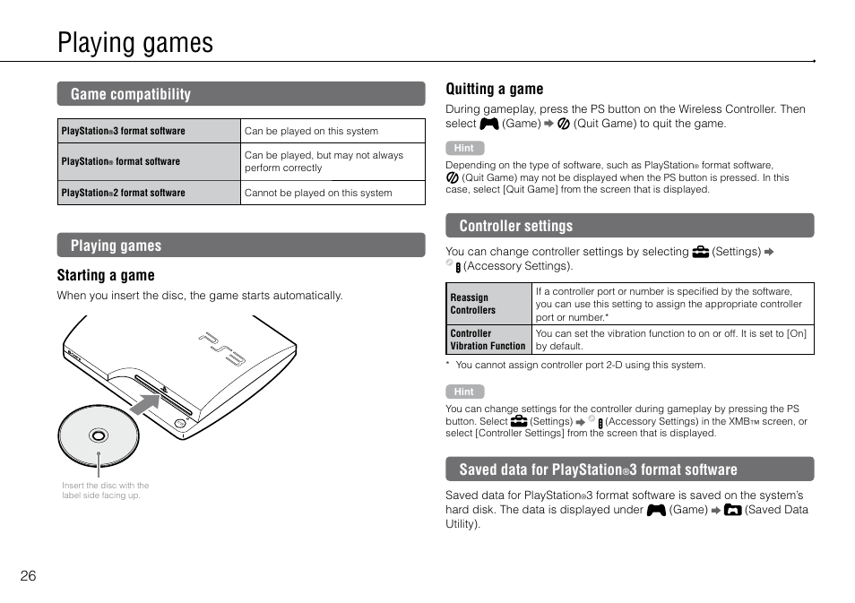 Playing games, Game compatibility, Controller settings | Saved data for playstation®3 format software, Saved data for playstation, 3 format software, Playing games starting a game, Quitting a game | Sony Playstation 3 CECH-2003B User Manual | Page 26 / 60