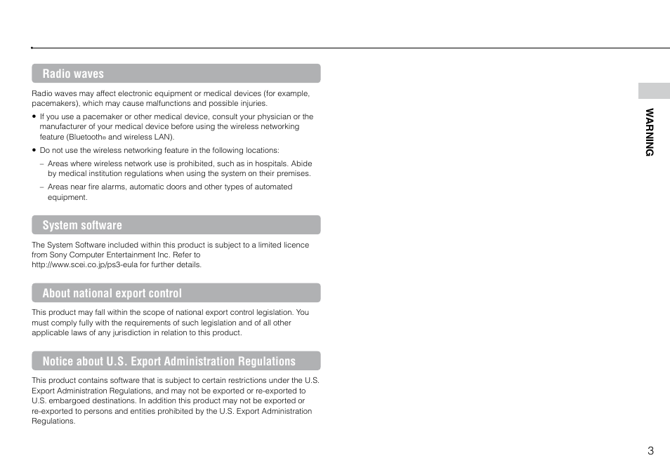 Radio waves, System software, About national export control | Sony Playstation 3 CECH-2003B User Manual | Page 3 / 60