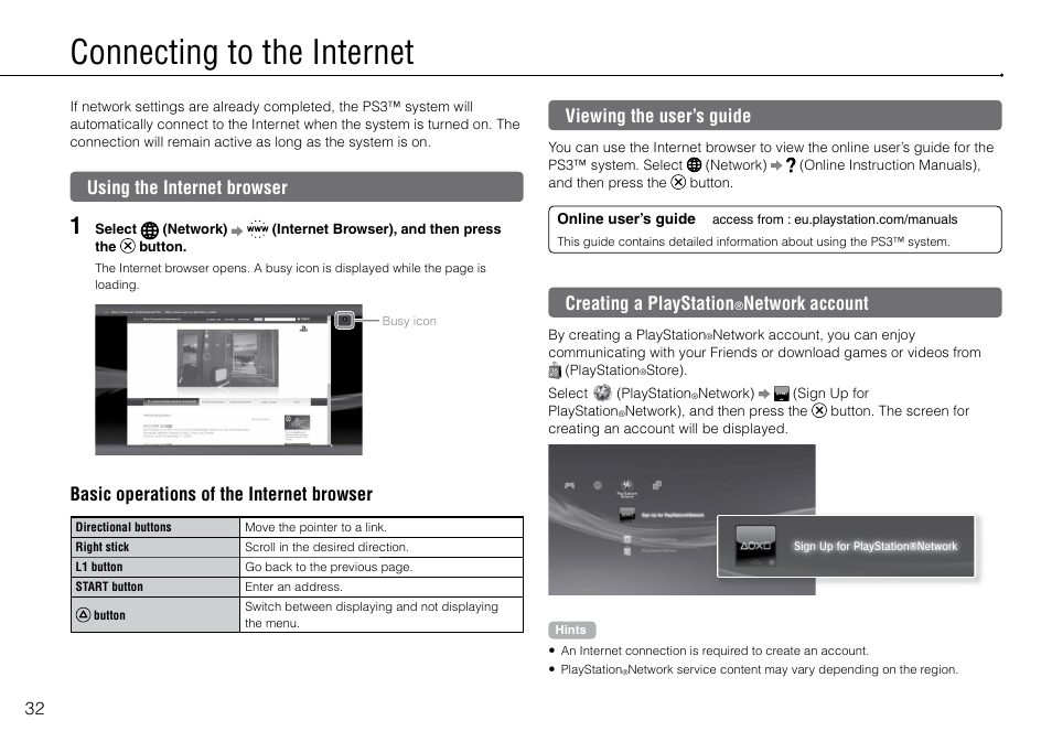 Connecting to the internet, Using the internet browser, Viewing the user’s guide | Creating a playstation®network account, Creating a playstation, Network account, Basic operations of the internet browser | Sony Playstation 3 CECH-2003B User Manual | Page 32 / 60