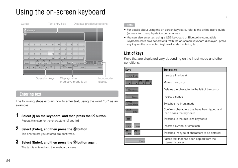 Using the on-screen keyboard, Entering text, List of keys | Sony Playstation 3 CECH-2003B User Manual | Page 34 / 60