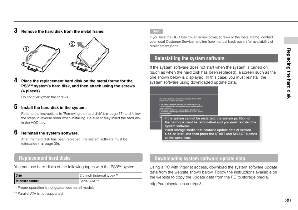 Reinstalling the system software | Sony Playstation 3 CECH-2003B User Manual | Page 39 / 60