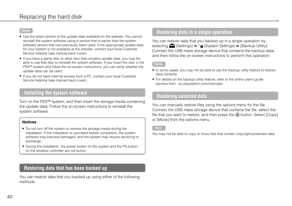 Restoring data that has been backed up, Replacing the hard disk, Installing the system software | Restoring data in a single operation, Restoring selected data | Sony Playstation 3 CECH-2003B User Manual | Page 40 / 60