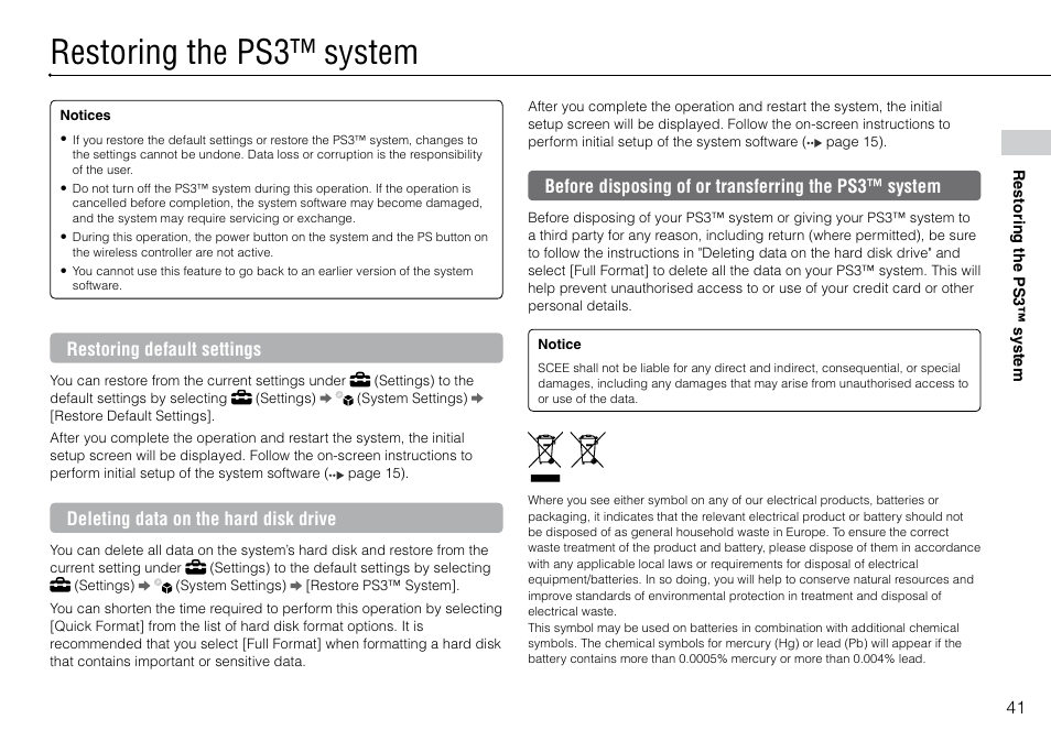 Restoring the ps3™ system | Sony Playstation 3 CECH-2003B User Manual | Page 41 / 60