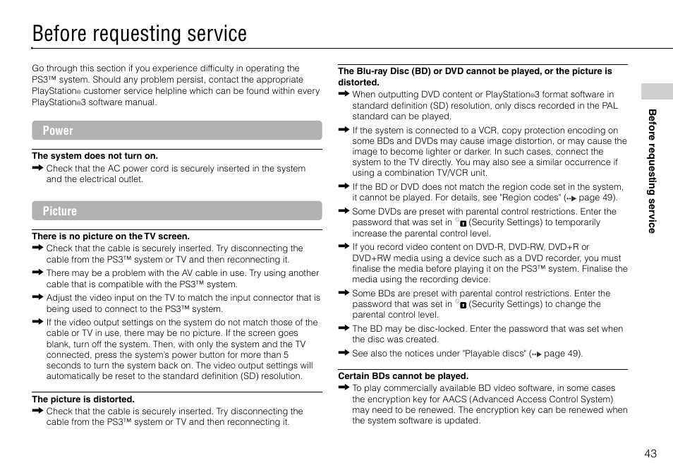 Before requesting service, Power, Picture | Sony Playstation 3 CECH-2003B User Manual | Page 43 / 60