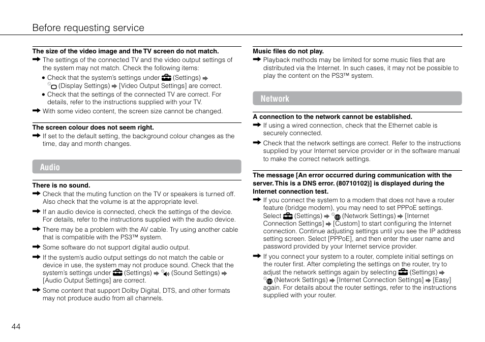 Before requesting service, Audio, Network | Sony Playstation 3 CECH-2003B User Manual | Page 44 / 60