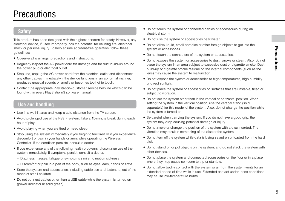 Precautions, Safety, Use and handling | Sony Playstation 3 CECH-2003B User Manual | Page 5 / 60