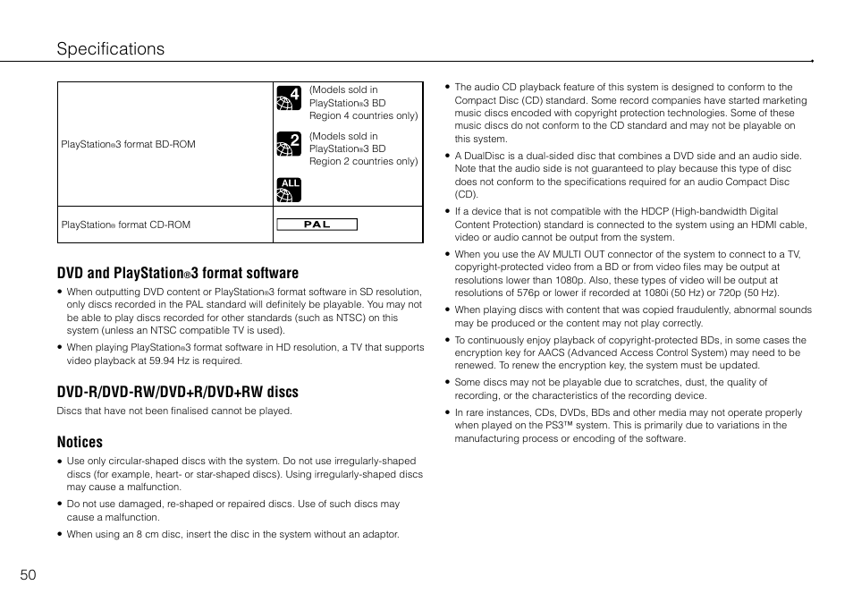 Specifications, Dvd and playstation, 3 format software | Dvd-r/dvd-rw/dvd+r/dvd+rw discs, Notices | Sony Playstation 3 CECH-2003B User Manual | Page 50 / 60