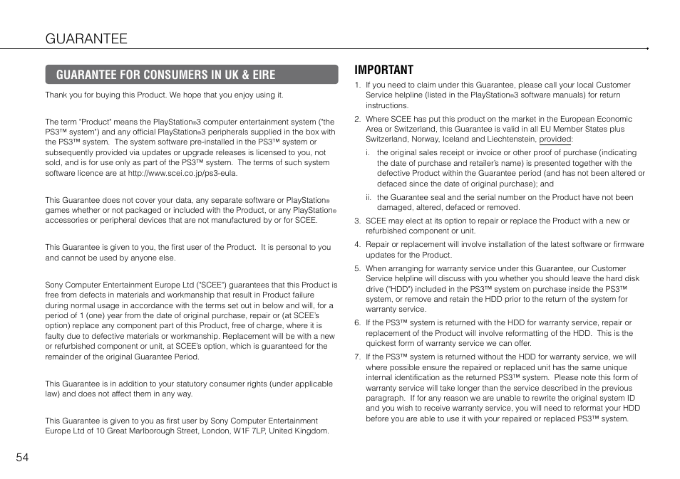 Guarantee, Guarantee for consumers in uk & eire, Important | Sony Playstation 3 CECH-2003B User Manual | Page 54 / 60