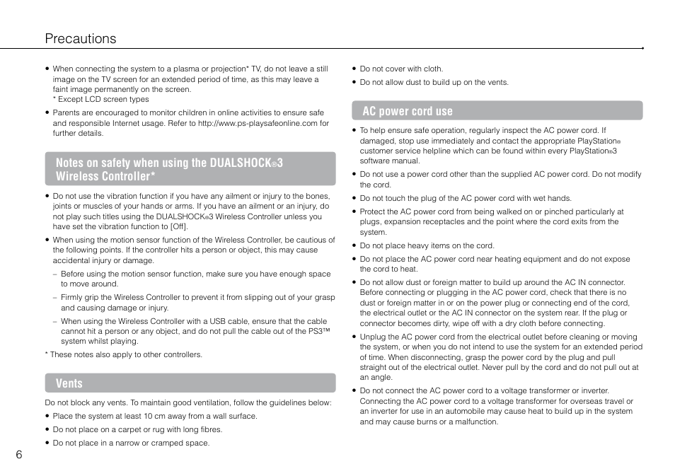 Precautions, 3wireless controller, Vents | Ac power cord use | Sony Playstation 3 CECH-2003B User Manual | Page 6 / 60