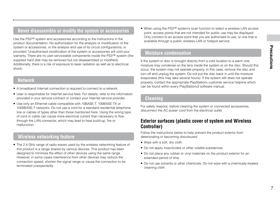 Network, Wireless networking feature, Moisture condensation | Cleaning | Sony Playstation 3 CECH-2003B User Manual | Page 7 / 60