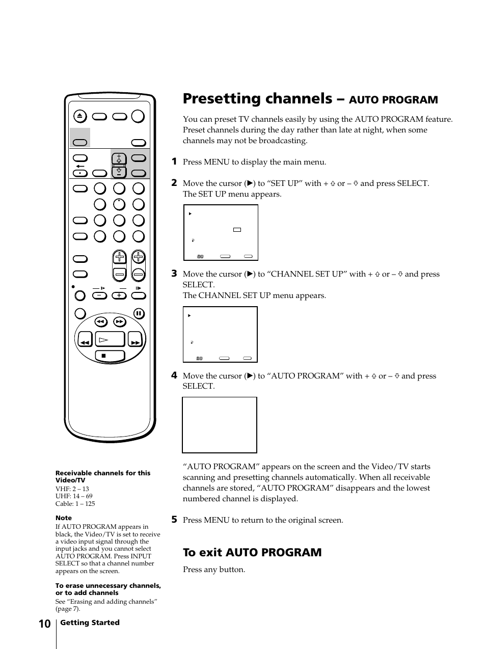 Presetting channels, Auto program, Press menu to display the main menu | Press menu to return to the original screen, Press any button | Sony KV-13VM42 User Manual | Page 10 / 188