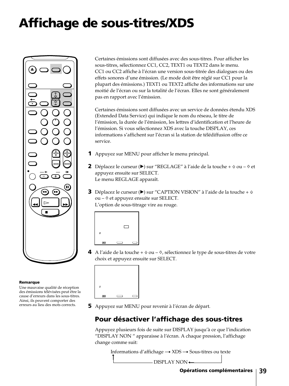 Affichage de sous-titres/xds, Pour désactiver l’affichage des sous-titres, Appuyez sur menu pour afficher le menu principal | Appuyez sur menu pour revenir à l’écran de départ | Sony KV-13VM42 User Manual | Page 101 / 188