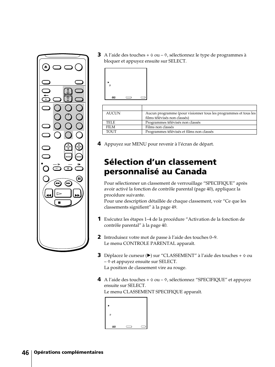 Sélection d’un classement personnalisé au canada, Opérations complémentaires, Appuyez sur menu pour revenir à l’écran de départ | Sony KV-13VM42 User Manual | Page 108 / 188