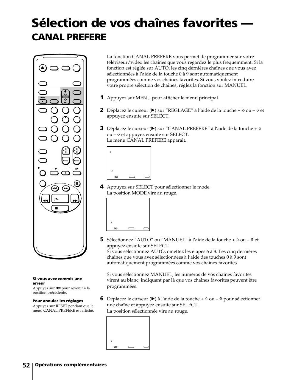 Sélection de vos chaînes favorites, Canal prefere, Opérations complémentaires | Appuyez sur menu pour afficher le menu principal | Sony KV-13VM42 User Manual | Page 114 / 188
