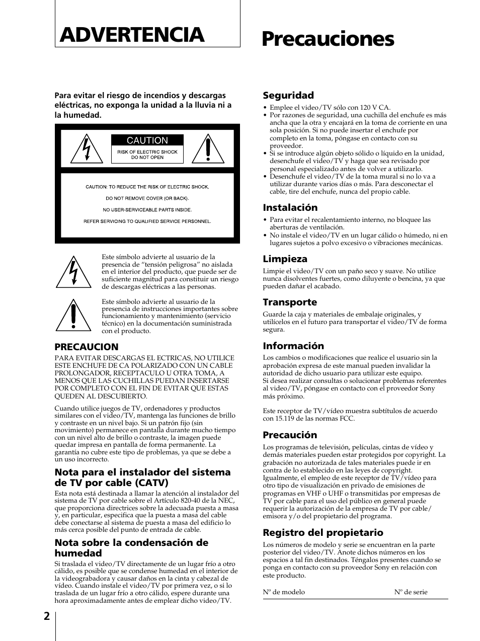 Advertencia, Precauciones | Sony KV-13VM42 User Manual | Page 126 / 188