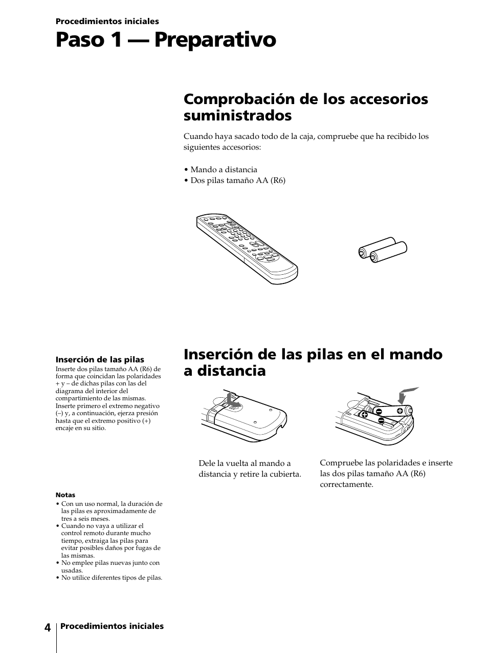 Paso 1 — preparativo, Comprobación de los accesorios suministrados, Inserción de las pilas en el mando a distancia | Sony KV-13VM42 User Manual | Page 128 / 188