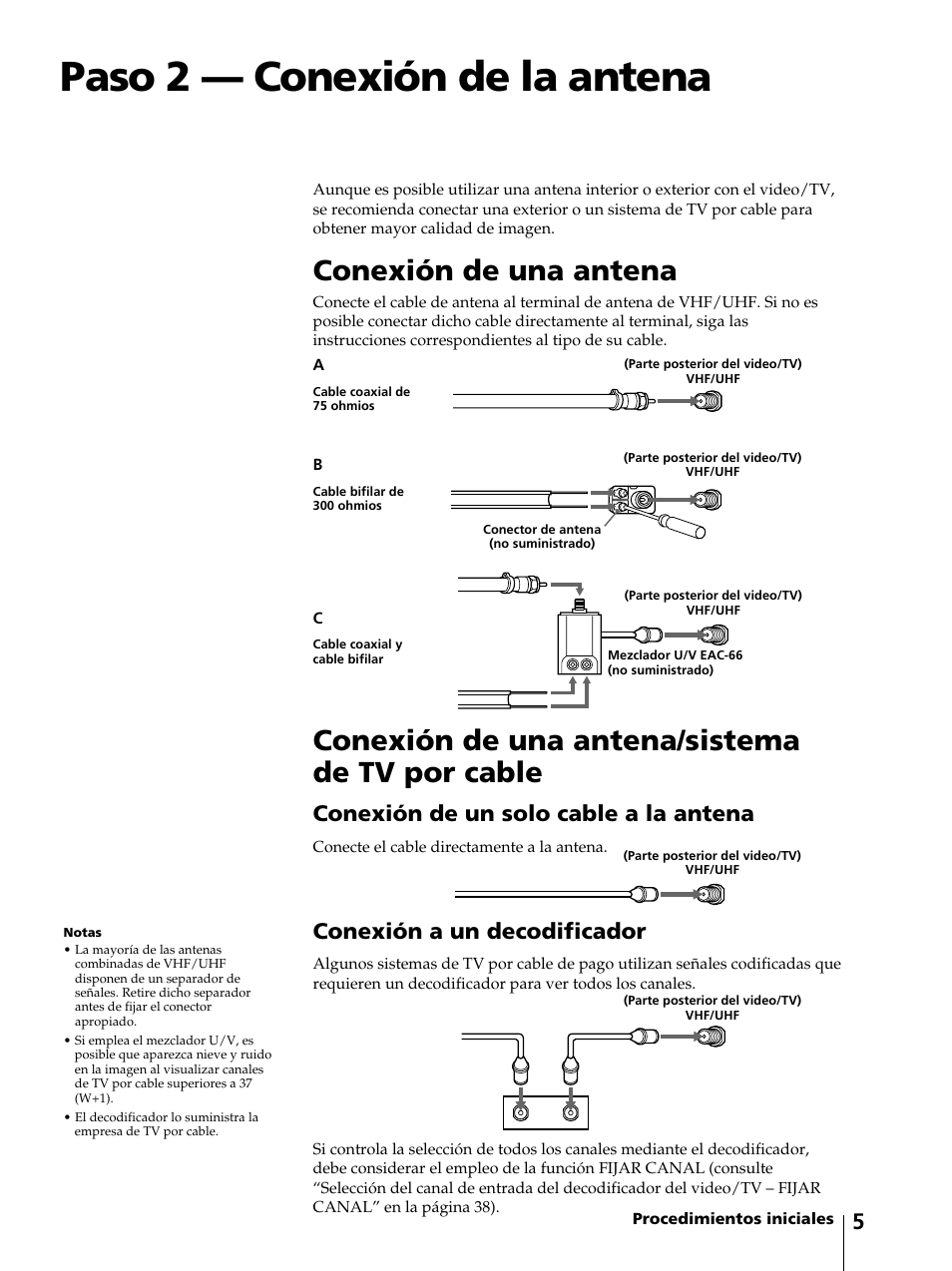 Paso 2 — conexión de la antena, Conexión de una antena/sistema de tv por cable, Conexión de una antena | Conexión de un solo cable a la antena, Conexión a un decodificador | Sony KV-13VM42 User Manual | Page 129 / 188
