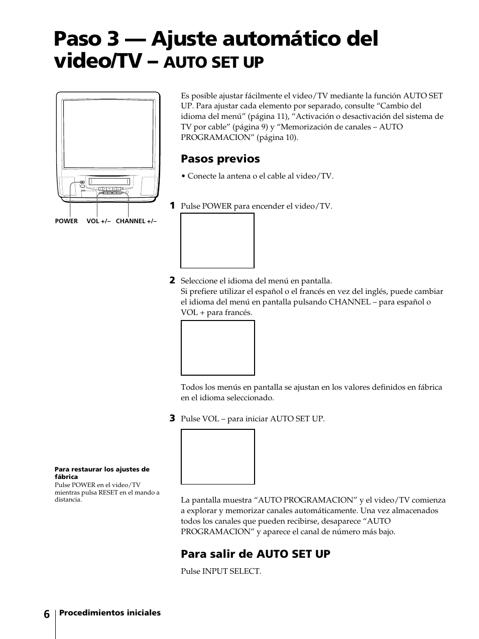 Paso 3 — ajuste automático del video/tv, Auto set up, Pasos previos | Para salir de auto set up | Sony KV-13VM42 User Manual | Page 130 / 188