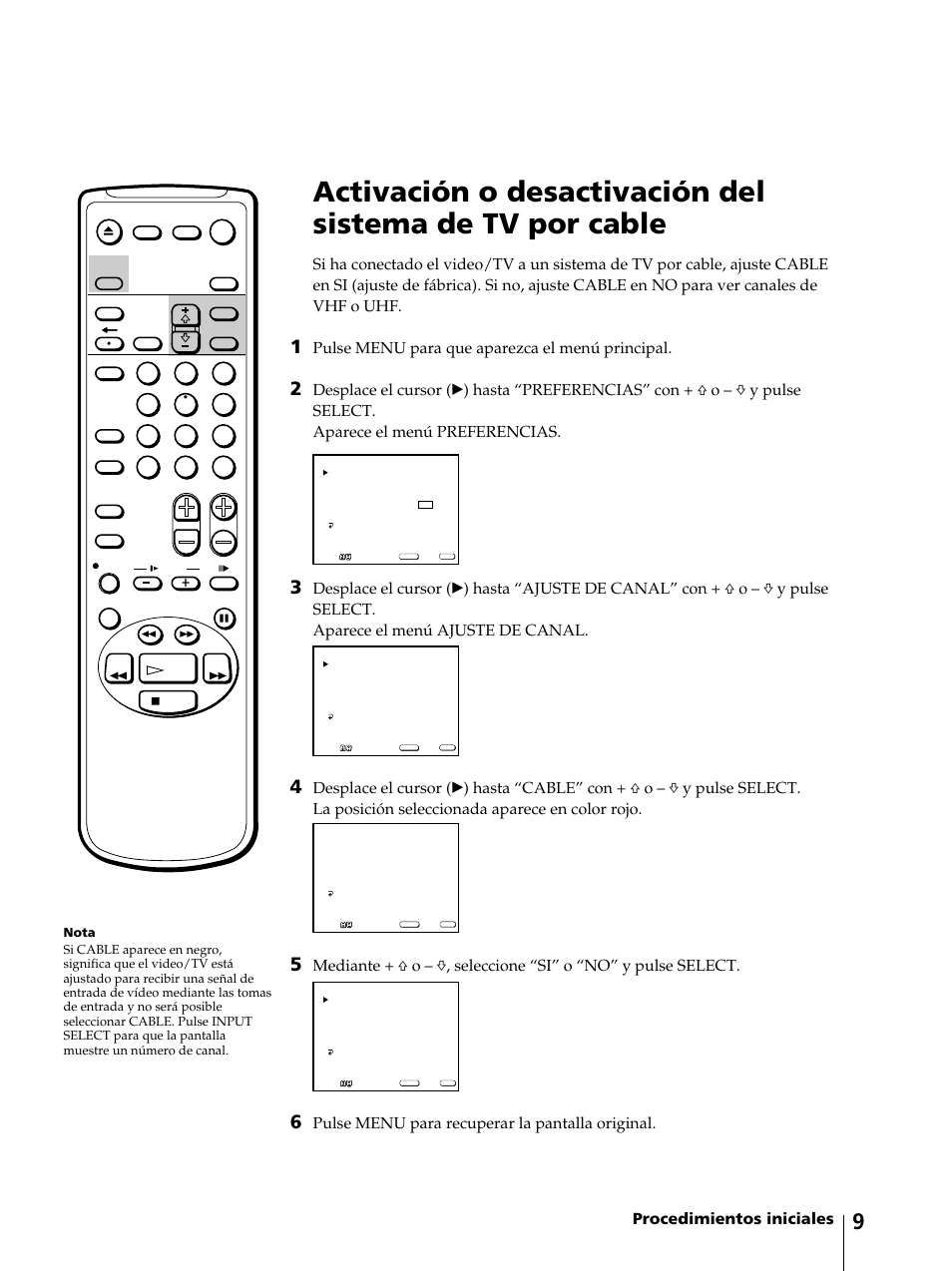 Procedimientos iniciales, Pulse menu para que aparezca el menú principal, Pulse menu para recuperar la pantalla original | Sony KV-13VM42 User Manual | Page 133 / 188