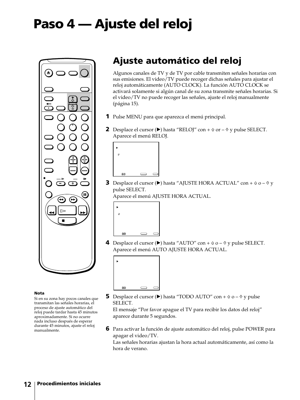 Paso 4 — ajuste del reloj, Ajuste automático del reloj, Procedimientos iniciales | Pulse menu para que aparezca el menú principal | Sony KV-13VM42 User Manual | Page 136 / 188