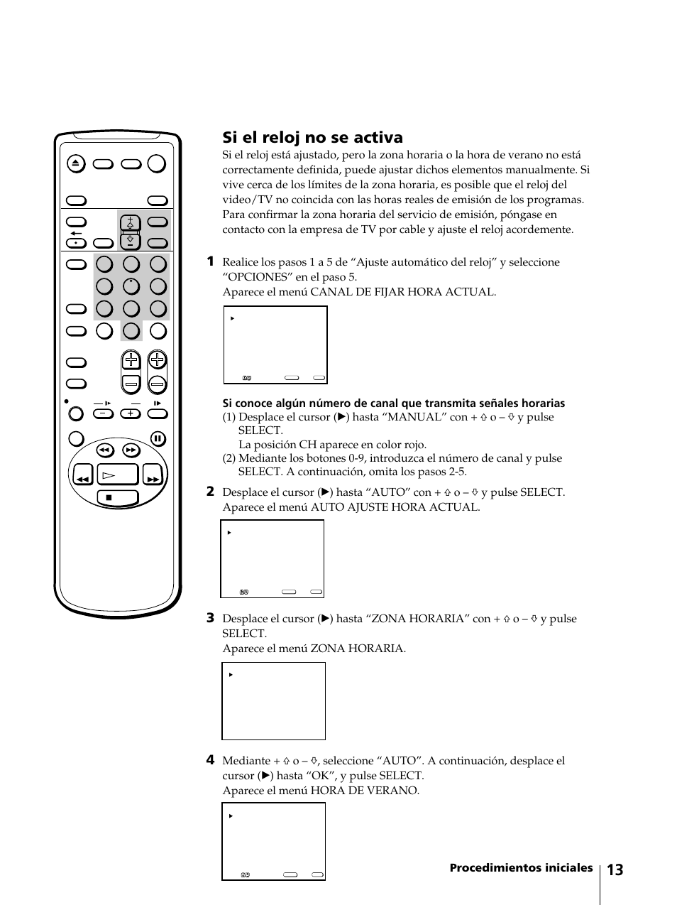 13 si el reloj no se activa, Procedimientos iniciales | Sony KV-13VM42 User Manual | Page 137 / 188