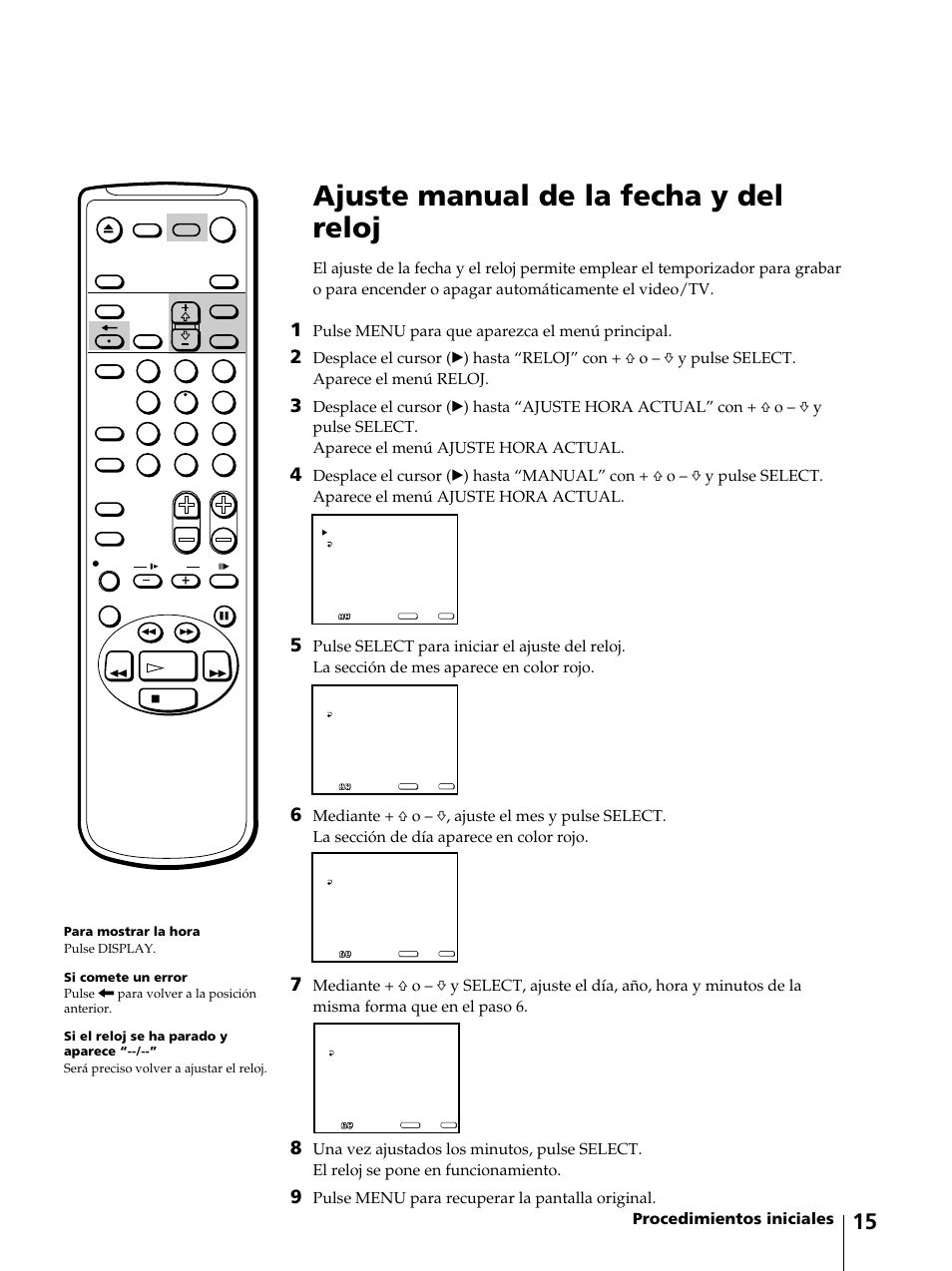 Ajuste manual de la fecha y del reloj, Procedimientos iniciales, Pulse menu para que aparezca el menú principal | Pulse menu para recuperar la pantalla original | Sony KV-13VM42 User Manual | Page 139 / 188