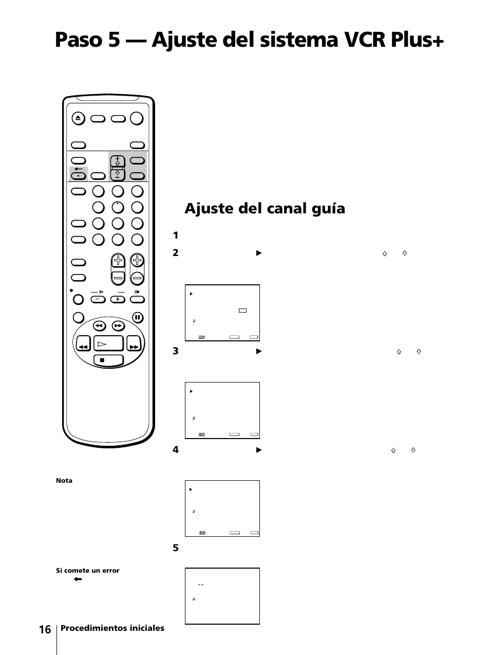 Paso 5 — ajuste del sistema vcr plus, Ajuste del canal guía, Procedimientos iniciales el sistema vcr plus | Pulse menu para que aparezca el menú principal | Sony KV-13VM42 User Manual | Page 140 / 188