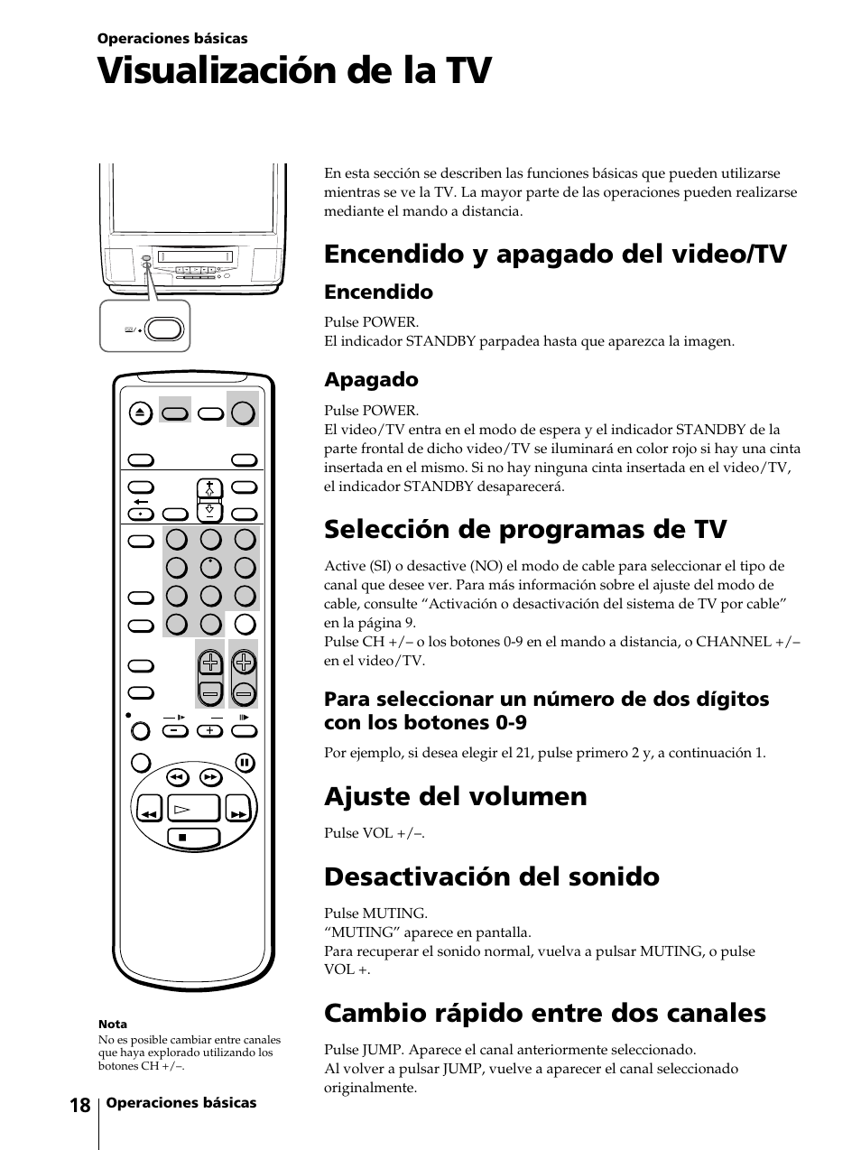 Visualización de la tv, Encendido y apagado del video/tv, Selección de programas de tv | Ajuste del volumen, Desactivación del sonido, Cambio rápido entre dos canales, Encendido, Apagado | Sony KV-13VM42 User Manual | Page 142 / 188