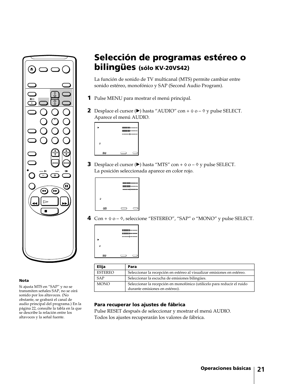 Selección de programas estéreo o bilingües, Sólo kv-20vs42), Operaciones básicas | Pulse menu para mostrar el menú principal | Sony KV-13VM42 User Manual | Page 145 / 188