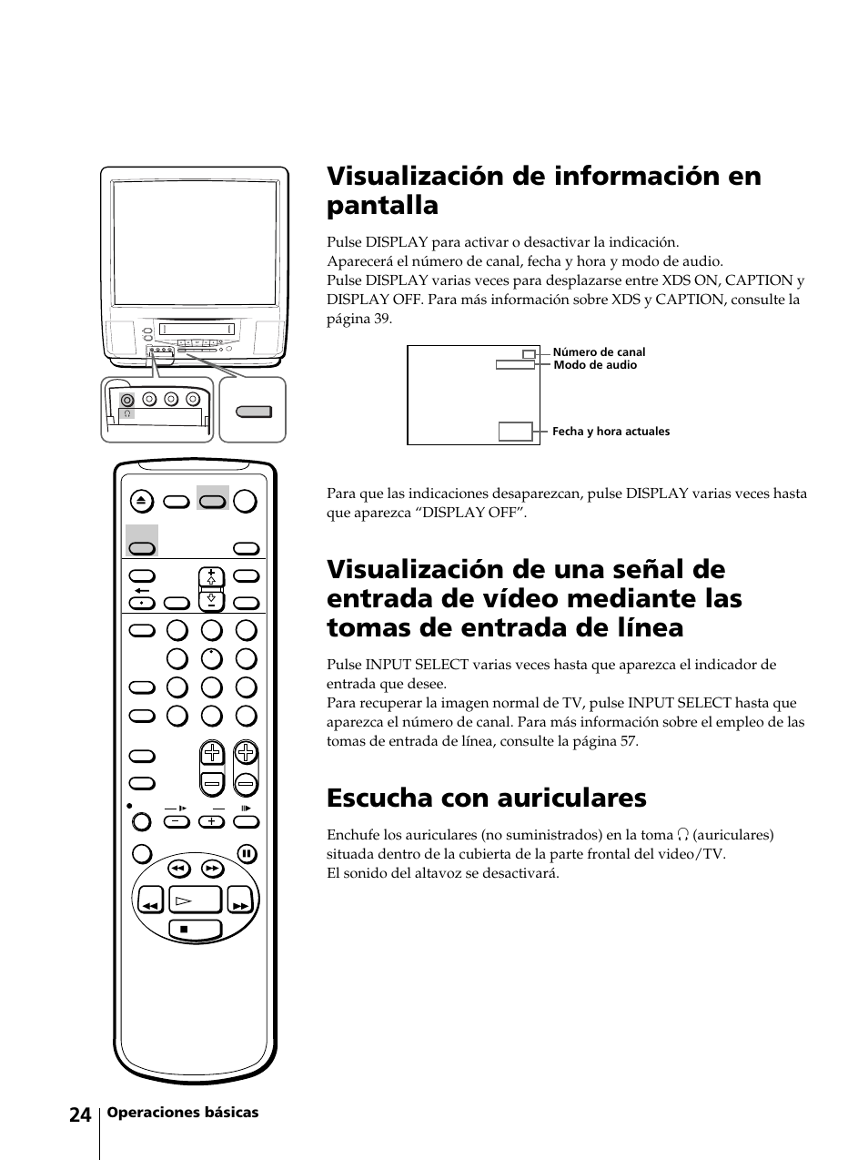 Visualización de información en pantalla, Escucha con auriculares, Operaciones básicas | Sony KV-13VM42 User Manual | Page 148 / 188