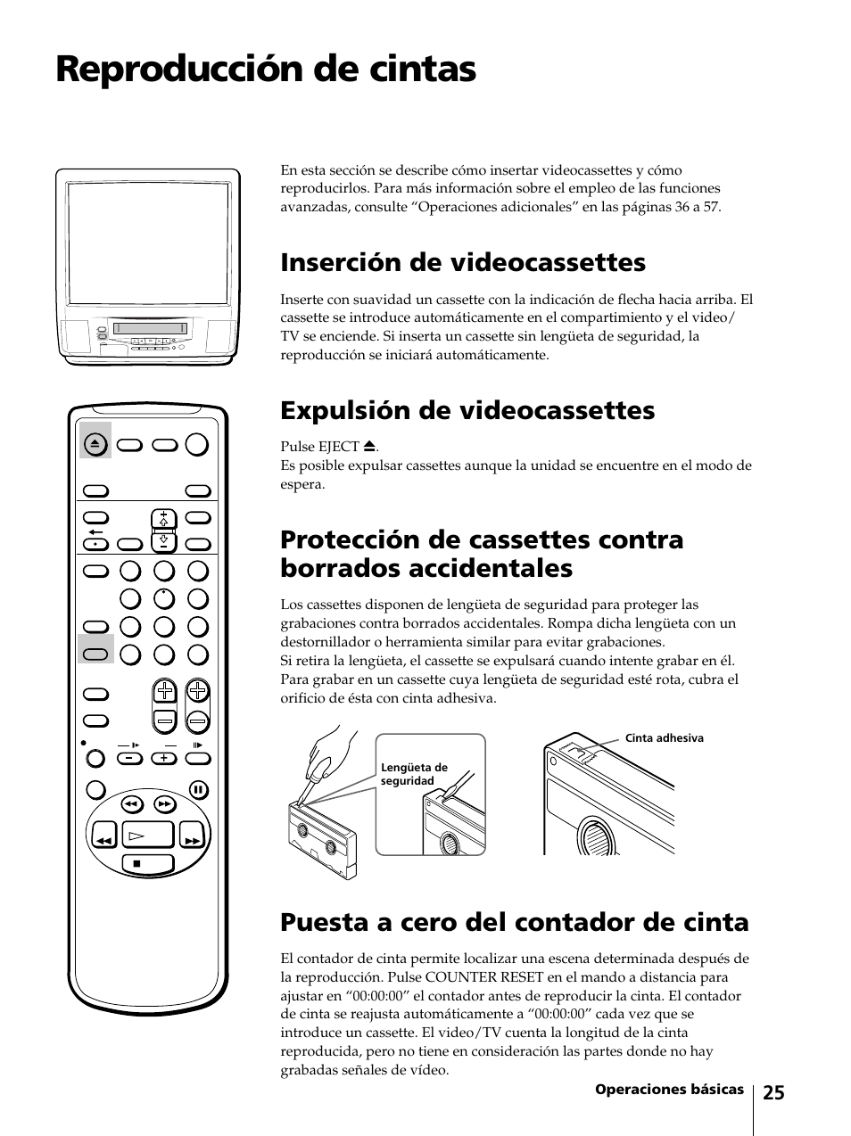 Reproducción de cintas, Inserción de videocassettes, Expulsión de videocassettes | Puesta a cero del contador de cinta | Sony KV-13VM42 User Manual | Page 149 / 188