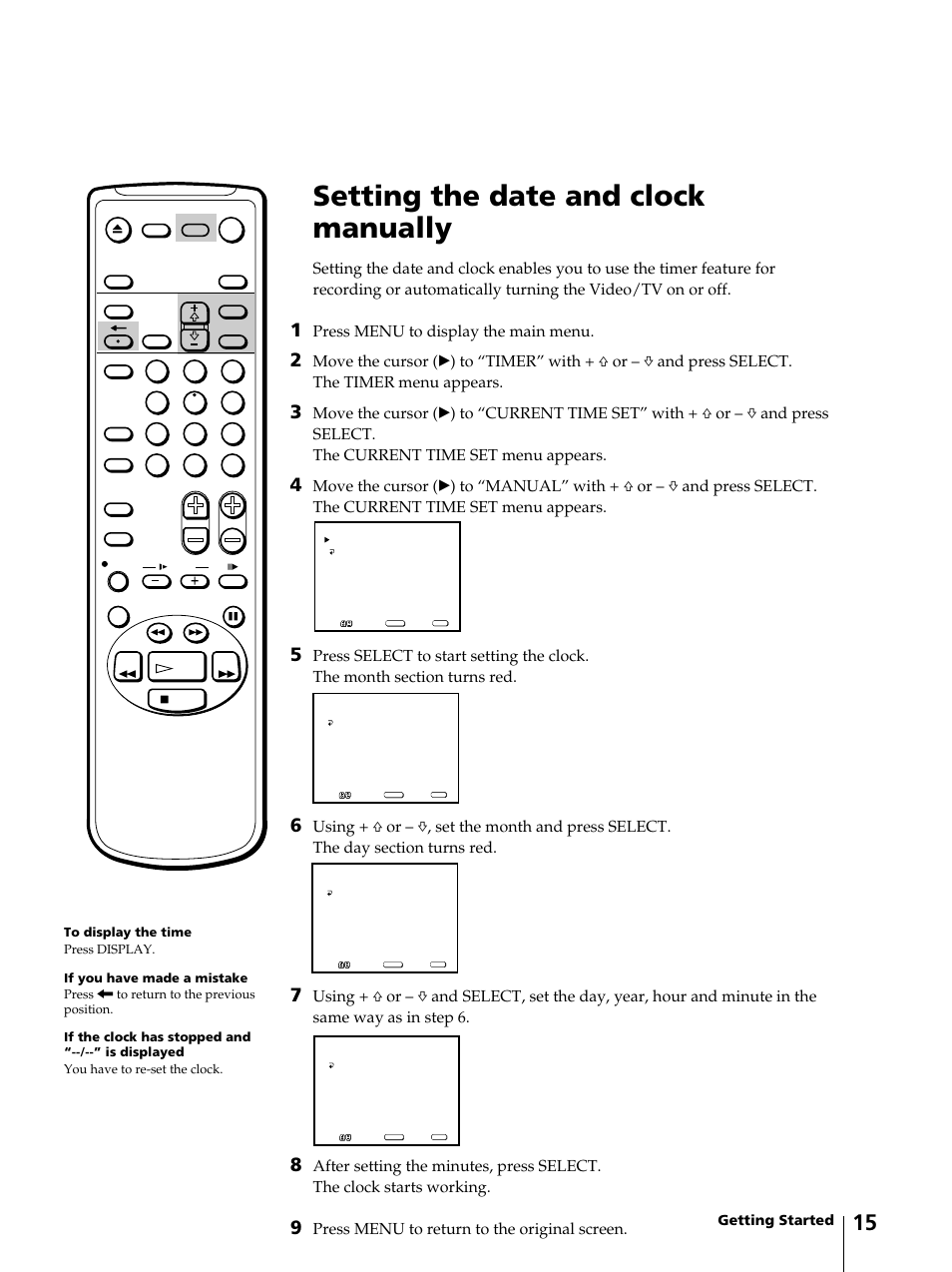 Setting the date and clock manually, Press menu to display the main menu, Press menu to return to the original screen | Sony KV-13VM42 User Manual | Page 15 / 188