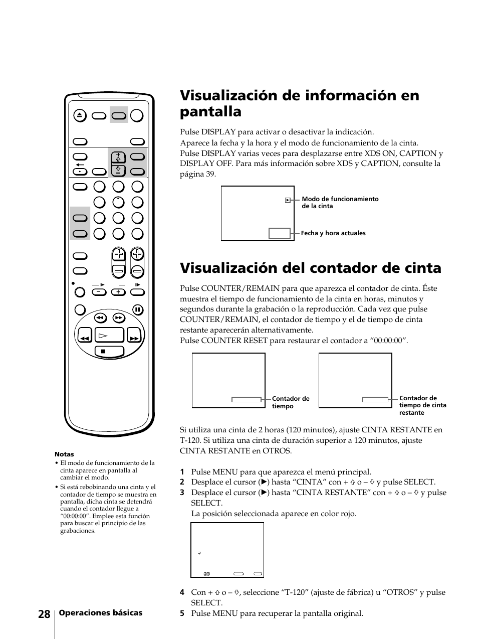 Visualización de información en pantalla, Visualización del contador de cinta, Operaciones básicas | Sony KV-13VM42 User Manual | Page 152 / 188