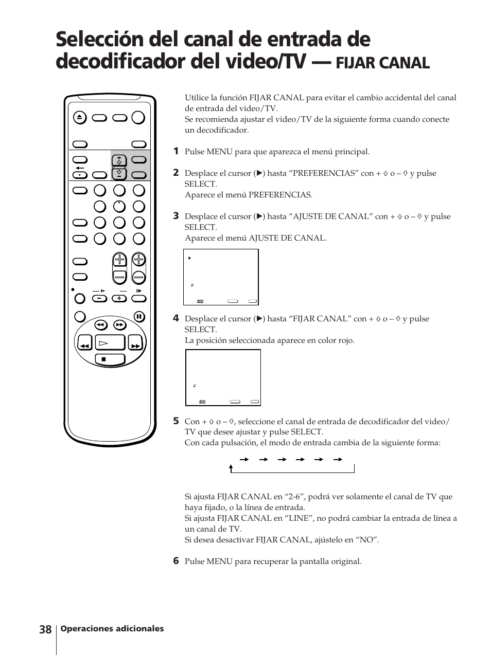 Fijar canal, Pulse menu para que aparezca el menú principal, Pulse menu para recuperar la pantalla original | Sony KV-13VM42 User Manual | Page 162 / 188