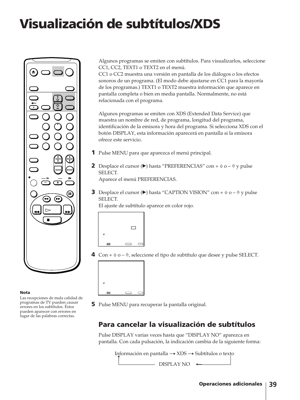 Visualización de subtítulos/xds, Para cancelar la visualización de subtítulos, Pulse menu para que aparezca el menú principal | Pulse menu para recuperar la pantalla original | Sony KV-13VM42 User Manual | Page 163 / 188