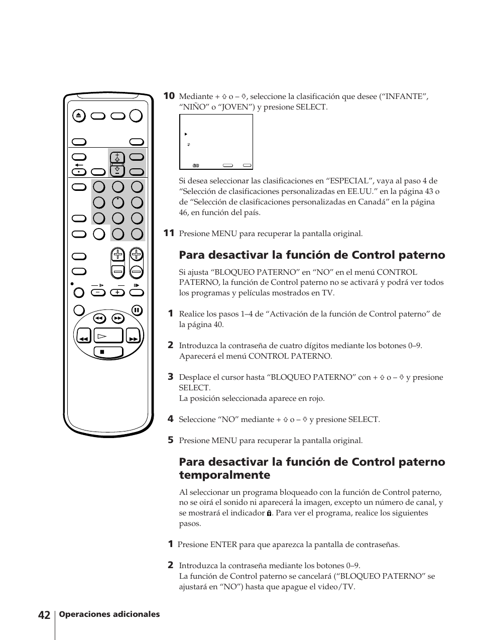 Para desactivar la función de control paterno, Operaciones adicionales, Presione menu para recuperar la pantalla original | Sony KV-13VM42 User Manual | Page 166 / 188