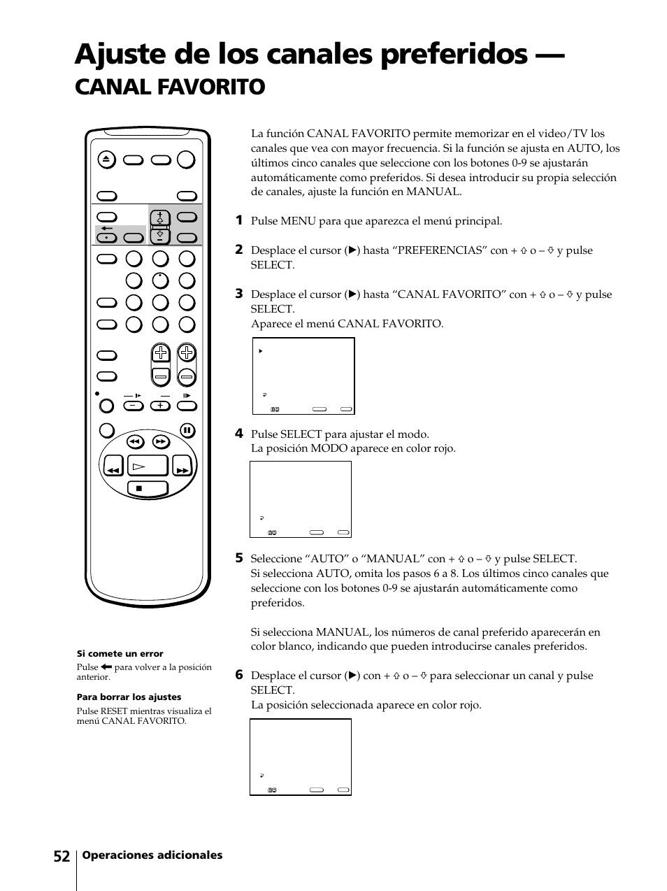 Ajuste de los canales preferidos, Canal favorito, Operaciones adicionales | Pulse menu para que aparezca el menú principal | Sony KV-13VM42 User Manual | Page 176 / 188