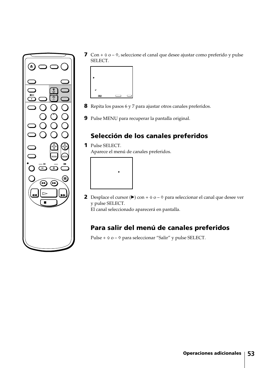 Selección de los canales preferidos, Para salir del menú de canales preferidos, Operaciones adicionales | Pulse menu para recuperar la pantalla original | Sony KV-13VM42 User Manual | Page 177 / 188
