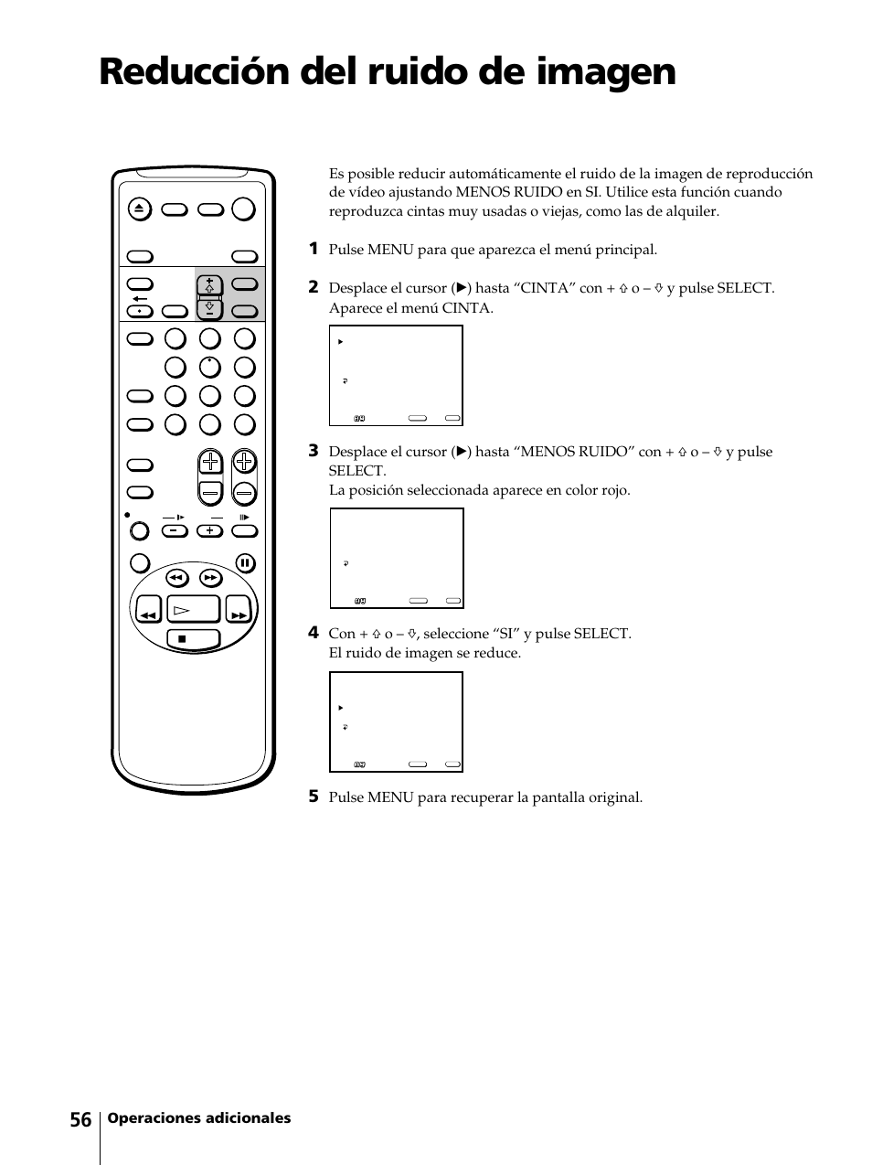Reducción del ruido de imagen, Pulse menu para que aparezca el menú principal, Pulse menu para recuperar la pantalla original | Sony KV-13VM42 User Manual | Page 180 / 188
